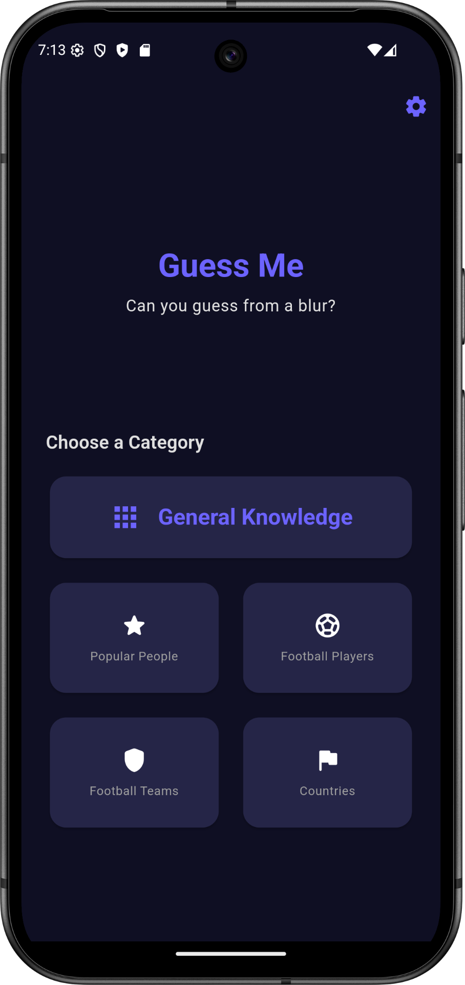 Choose a category screen