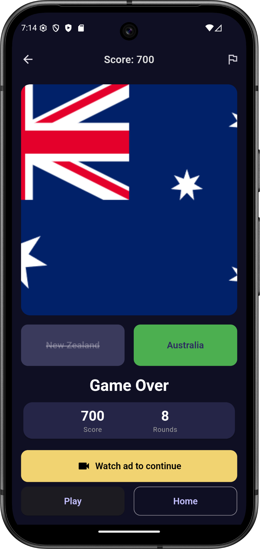 Game over screen
